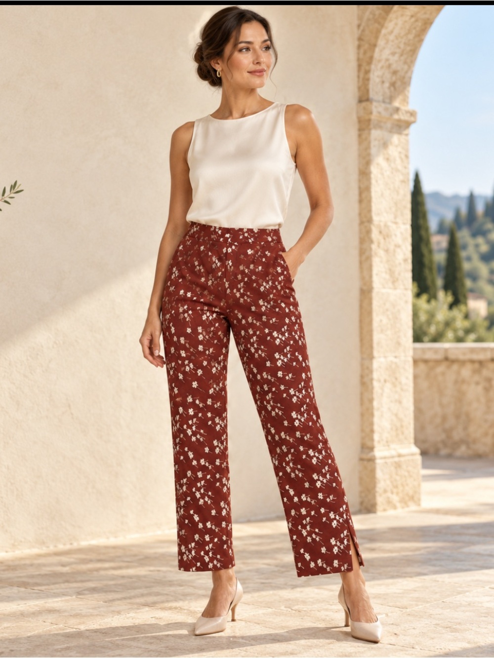 ❤️ Piazza Sempione Red Coral GoldMetallic Cropped Pants Women’s Size 4 Small